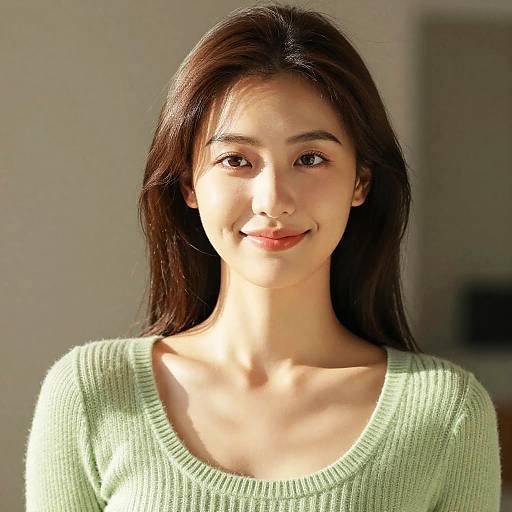Photograph of a young Asian woman with long, straight brown hair, wearing a light green knit sweater, smiling softly in natural light.