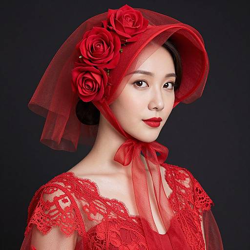 Photograph-style digital art of an Asian woman with fair skin, wearing a red lace dress and veil adorned with red roses.