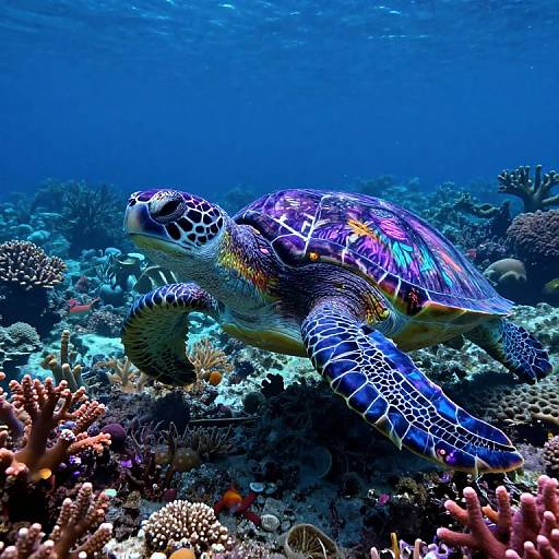 Photograph of a vibrant, multicolored sea turtle swimming over a colorful coral reef with various corals and fish in deep blue ocean water.