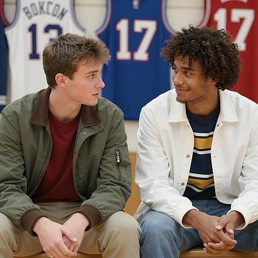 Two Friends on a Bench with Jerseys