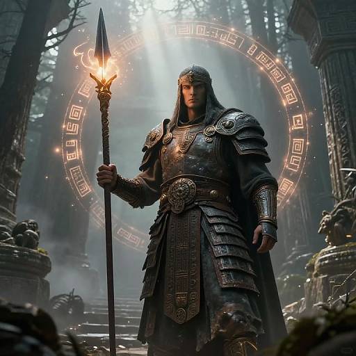 Photorealistic digital art of a muscular, armored warrior with long hair holding a torch, standing in a mystical, foggy forest temple.