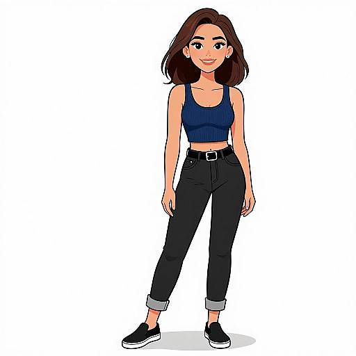 Digital illustration of a smiling woman with fair skin, brown hair, wearing a blue crop top, black pants, and black sneakers.