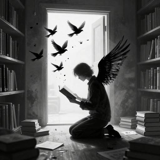 Monochrome digital illustration of a silhouetted angel with wings, kneeling in a library, reading a book, with birds flying outside a bright window