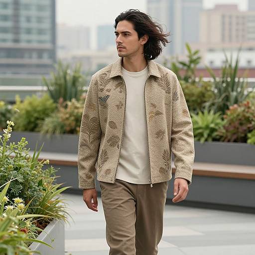 Photograph of a handsome, dark-haired man with long hair, wearing a beige patterned jacket, white shirt, and brown pants, walking on a
