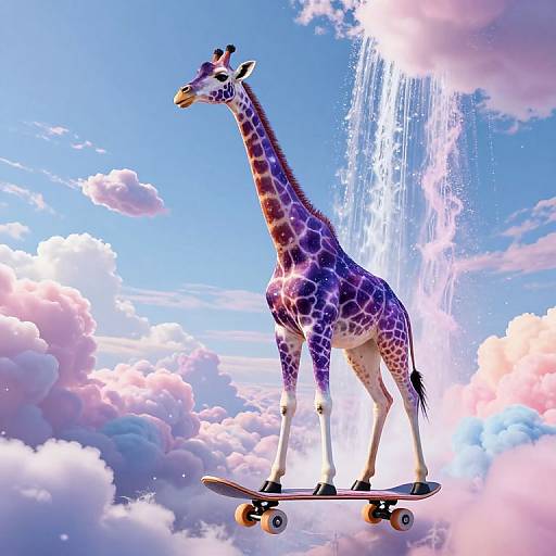 Photorealistic CGI of a purple-spotted giraffe surfing on a skateboard amidst a vibrant, cloudy blue sky with a waterfall.