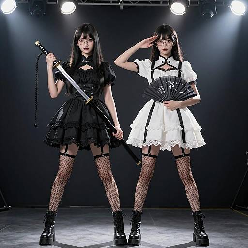 Twin Gothic Lolita Women in Black and White Dresses