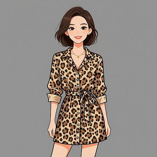 Smiling Woman in Leopard Print Dress