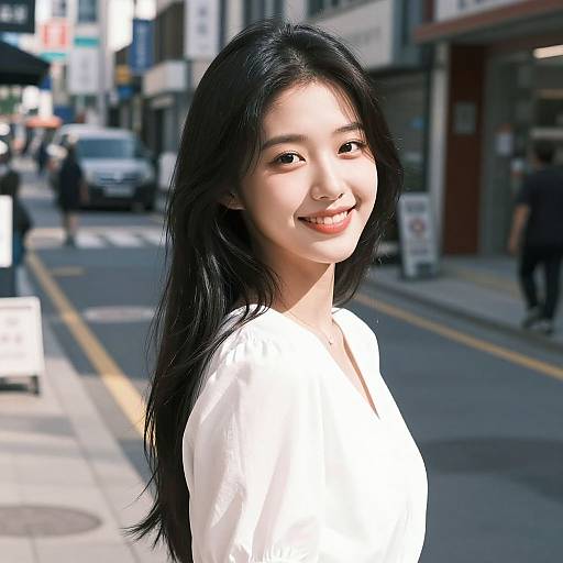 Photograph of an Asian woman with long black hair, smiling, wearing a white top, standing on a sunny urban street.