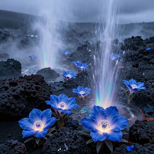 Photograph of glowing blue flowers with illuminated centers, surrounded by dark, textured volcanic rock, and water spraying upward in a misty, cloudy background.