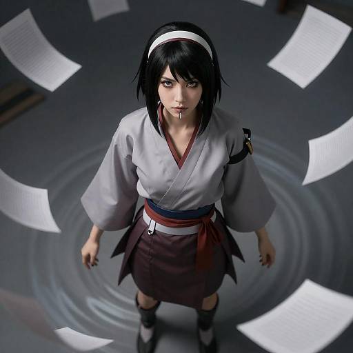 Photorealistic Woman in Akatsuki Outfit with Papers Swirling