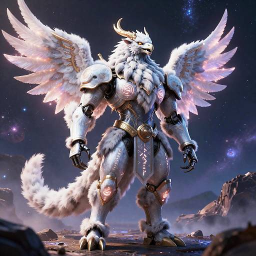 Aurora-winged Mech-Griffin Courier in Arctic Exosuit