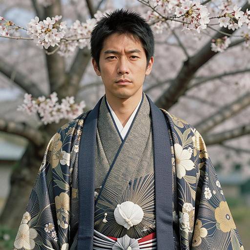 Man in Traditional Japanese Kimono with Cherry Blossoms