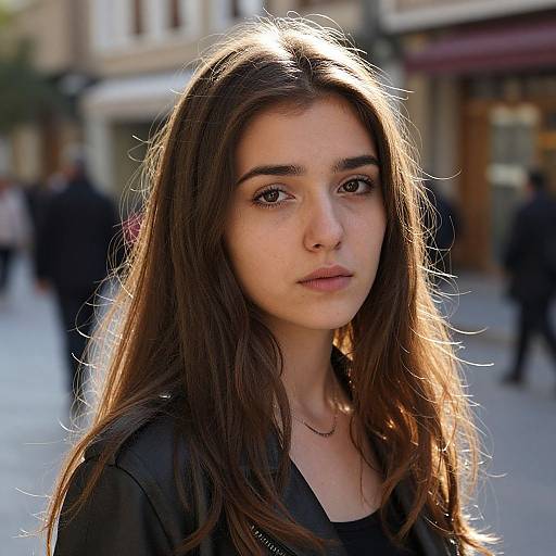 Photograph of a young woman with long brown hair, light skin, and brown eyes, wearing a black top, standing in a sunlit urban street