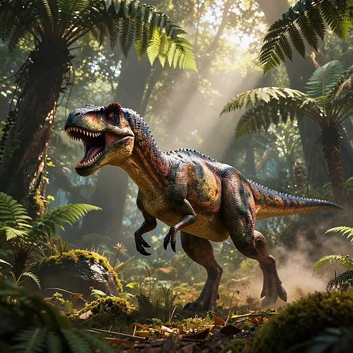 Photorealistic CGI of a roaring, striped T-Rex in a dense, sunlit jungle with ferns and mist, capturing dynamic movement and detailed