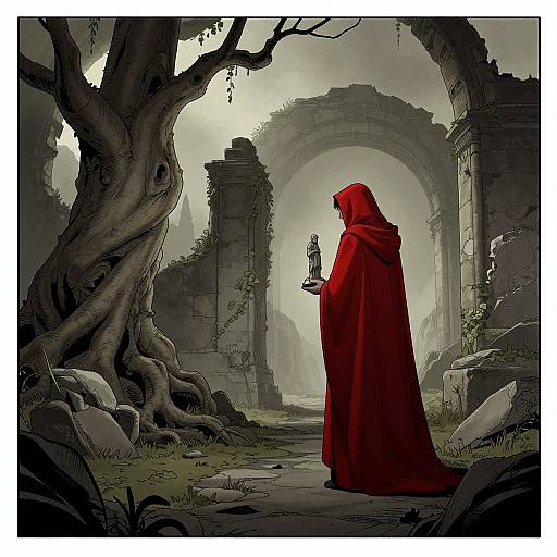 Illustration of a red-robed figure with hood holding a dagger, standing in a foggy, ruined archway forest, tree roots prominent.
