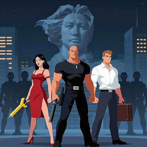 Nighttime City Scene with Unique Statue