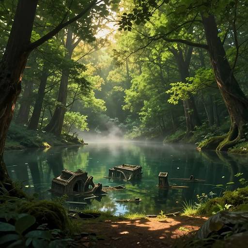 Photograph of a serene, sunlit forest pond with mist rising, surrounded by tall trees, and old wooden structures partially submerged in the calm, reflective