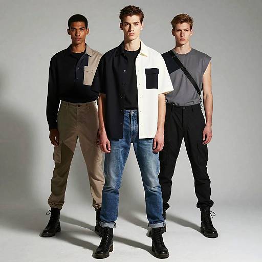 Photograph of three young men standing against a gray background, wearing modern, minimalist outfits: black shirt and beige pants, white shirt and blue jeans,