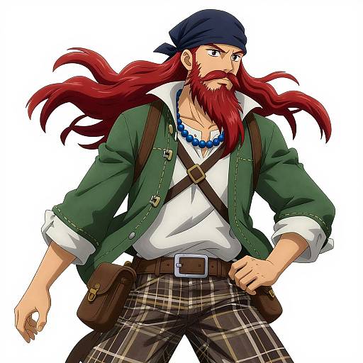 Digital anime-style drawing of a muscular man with long red hair, beard, green jacket, white shirt, blue bandana, and plaid pants.