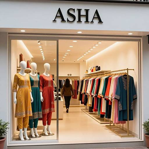Photograph of an Asafa clothing store window displaying mannequins in colorful traditional dresses, with neatly arranged clothing racks inside.
