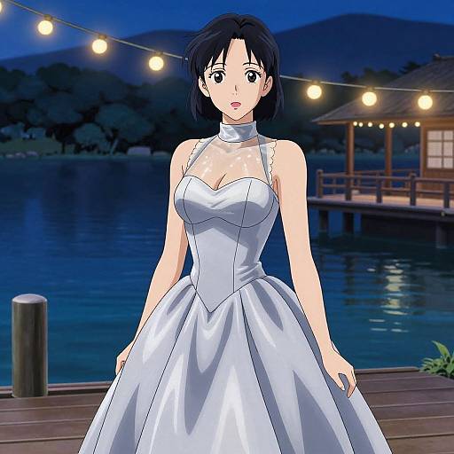 Anime-style drawing of a black-haired woman in a white, strapless wedding dress with a high neckline, standing by a nighttime lake with string lights and