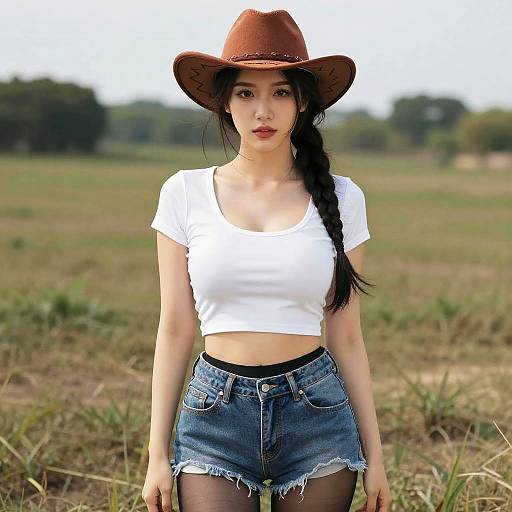 Photograph of an Asian woman with long black hair in a braid, wearing a brown cowboy hat, white crop top, and frayed denim shorts
