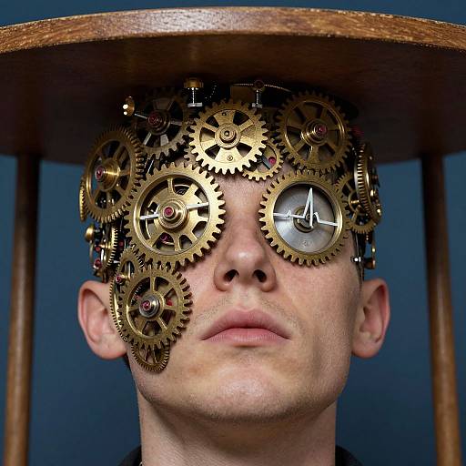 Photograph of a pale-skinned man with metallic gears and cogs replacing his eyes, wearing a wooden stool on his head. Blue background. Ste