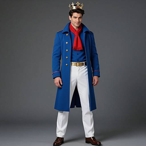 Photograph of a handsome man with dark hair, wearing a blue military coat, white pants, red scarf, brown shoes, and a gold crown,