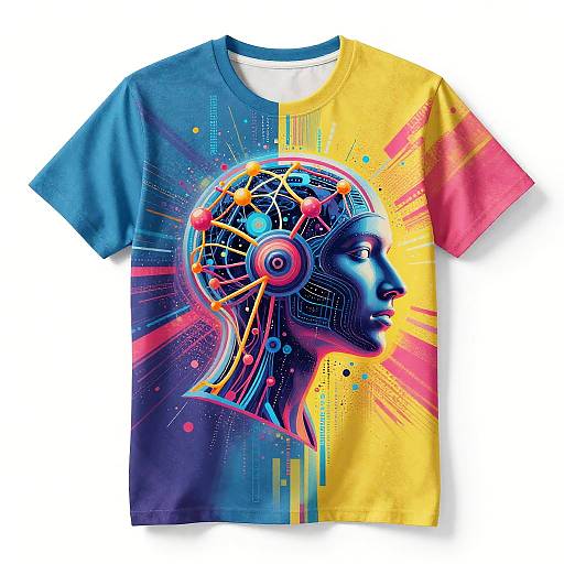 Vibrant digital graphic T-shirt with a neon, cyber-style profile of a human head, featuring colorful patterns and abstract lines on a blue-yellow gradient