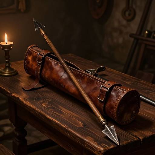 Photograph of a brown leather quiver with metal-tipped arrows, placed on a wooden table with a lit candle, dimly lit medieval room background