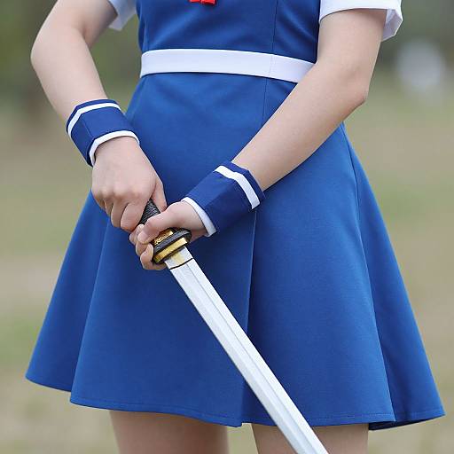 Photograph of a person in a blue, short-sleeved, skirted school uniform, holding a white katana with black and gold hilt
