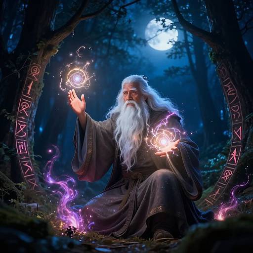 Magical wizard with long white beard and robe, kneeling in moonlit forest, conjuring glowing orbs and purple fire with outstretched hands. Illum