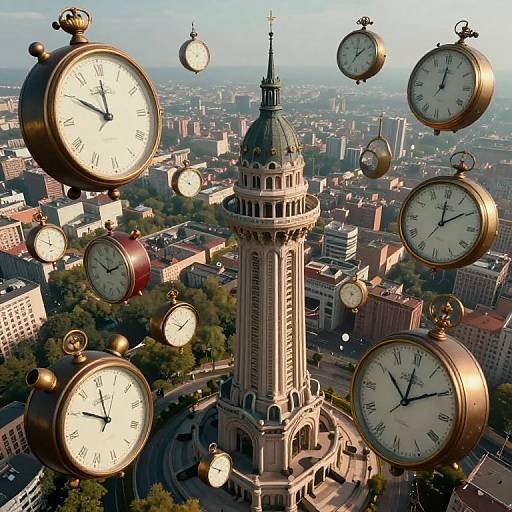 Photograph: Aerial view of a city with a central clock tower surrounded by floating vintage-style clocks with gold frames.
