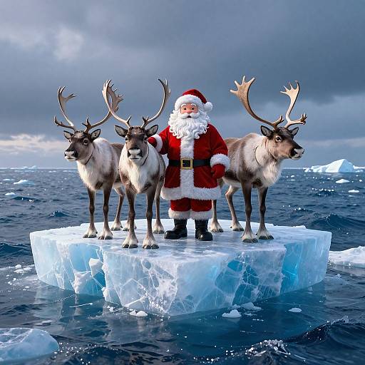 Santa and Reindeer on Ice Block