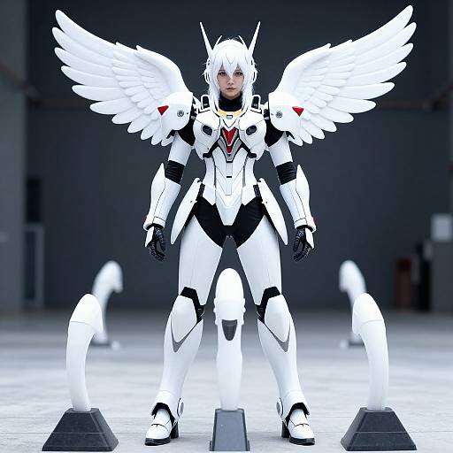 CGI image of a white-winged, armored angel robot standing on a glowing platform, with blurred white winged figures in the background.