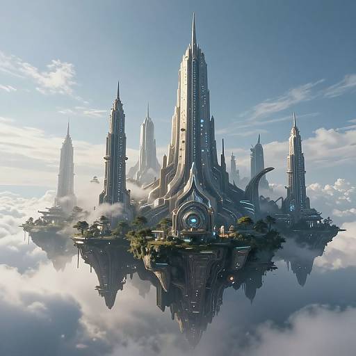 Digital artwork of a futuristic, towering, skyscraper city floating amidst clouds, with sleek, metallic architecture and glowing blue circular entrance, reflecting in the cloudy