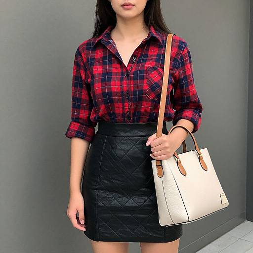 Photograph of an Asian woman with long black hair, wearing a red plaid shirt and black quilted skirt, carrying a white leather handbag against