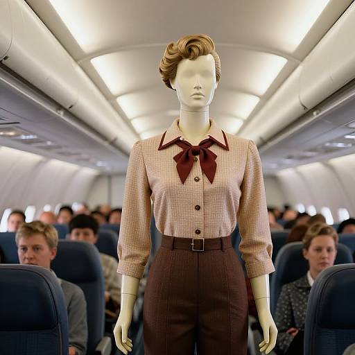 Photograph of a white mannequin in 1940s-style blouse and high-waisted maroon skirt standing in the aisle of a brightly