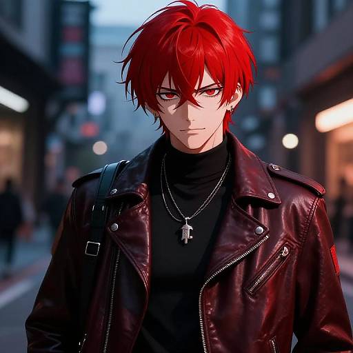 Digital anime artwork of a red-haired, intense-eyed young man in a black turtleneck and black leather jacket, standing in a blurred urban night street
