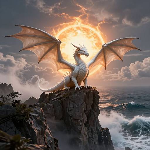 Digital fantasy artwork: White dragon with glowing wings perched on rocky cliff, sunburst behind, waves crashing below, dramatic clouds.