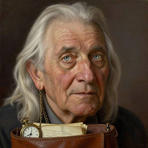 Photorealistic portrait of an elderly man with white hair, blue eyes, and wrinkled skin, holding a brown leather bag with a pocket watch,