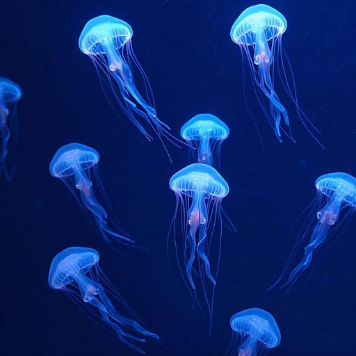 Photograph of eight glowing blue jellyfish with translucent, flowing tentacles, floating against a deep blue underwater background.