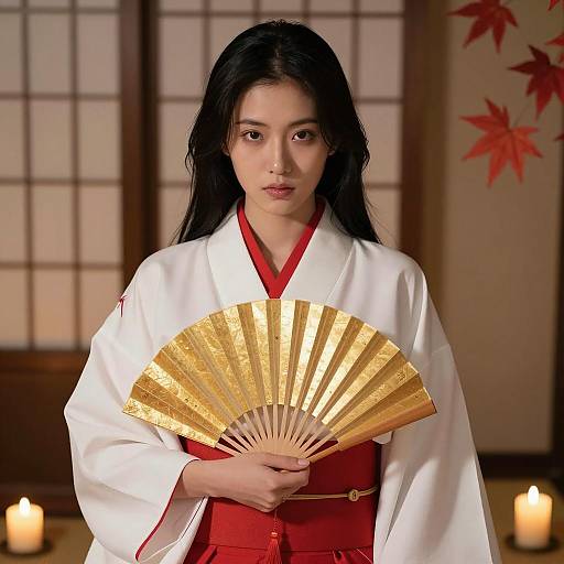 East Asian Woman in Traditional Kimono Holding Gold Fan