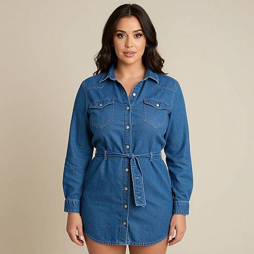 Photograph of a curvy woman with medium brown skin, long black hair, wearing a blue denim dress with buttons and belt.