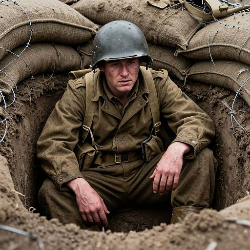 WWII Soldier in Muddy Trench