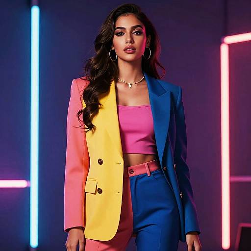 Confident Woman in Vibrant Color Block Suit