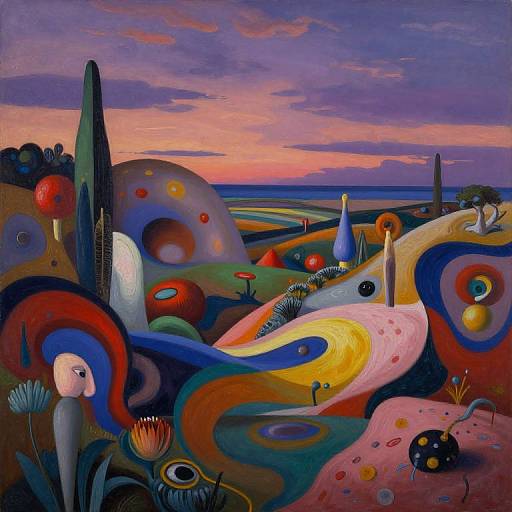 Vibrant surreal landscape painting with abstract, colorful shapes, including hills, flowers, and tall structures, under a purple and pink sunset sky.
