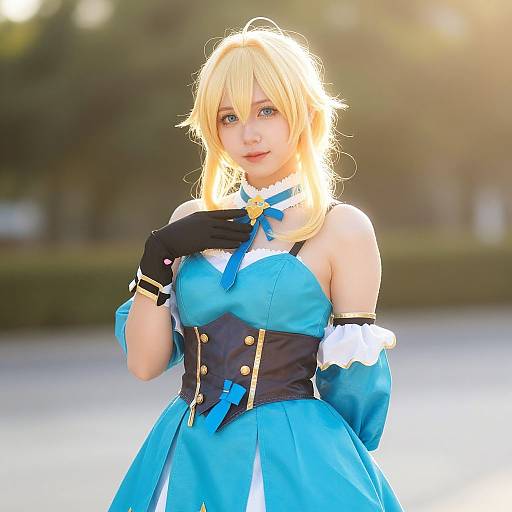 Photograph of a blonde cosplayer with blue eyes, wearing a vibrant blue dress with black gloves and white trim, standing outdoors in sunlight. Background is
