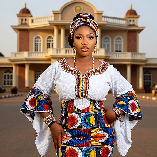 Photograph of a confident Black woman in vibrant, traditional African attire with colorful patterns, standing in front of a colonial-style building.