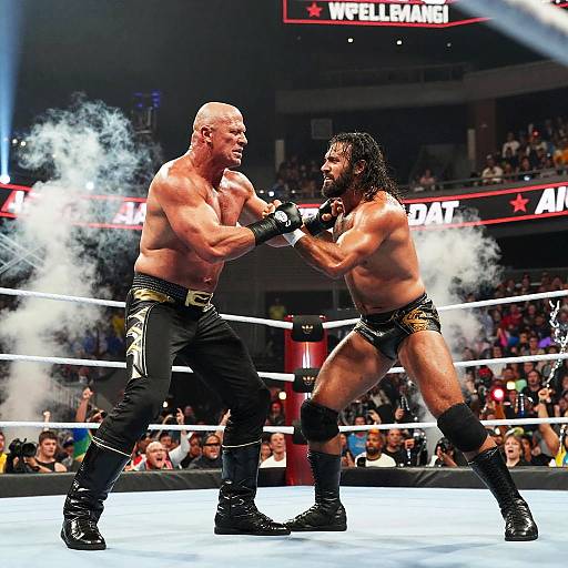 Photograph of intense boxing match: muscular bald man in black trunks punches bearded man with dreadlocks in black trunks; bright white smoke,